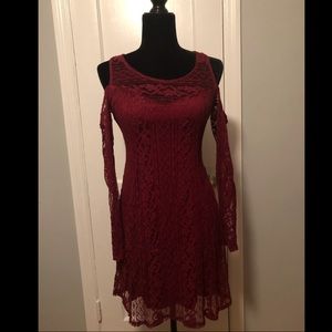 Maroon Lace Cold Shoulder Dress